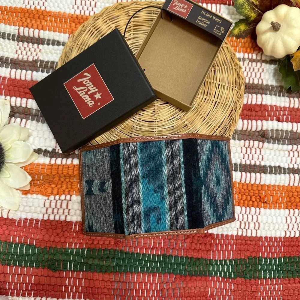 New Tony Lama Tri-Fold Wallet RFID Blue Aztec Canvas Leather Cowboy Western